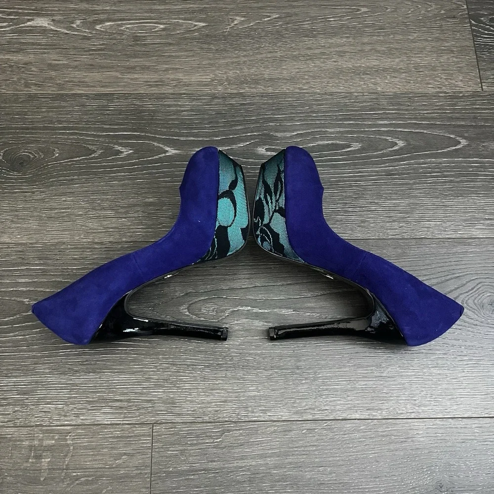 Betsey Johnson Platform Heels Pumps Blue Dareah Suede Lace Leopard ‎ Size 8 Glam